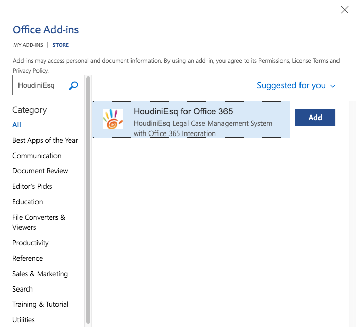 HoudiniEsq Office 365 Add-In for HoudiniEsq Legal Practice Management
