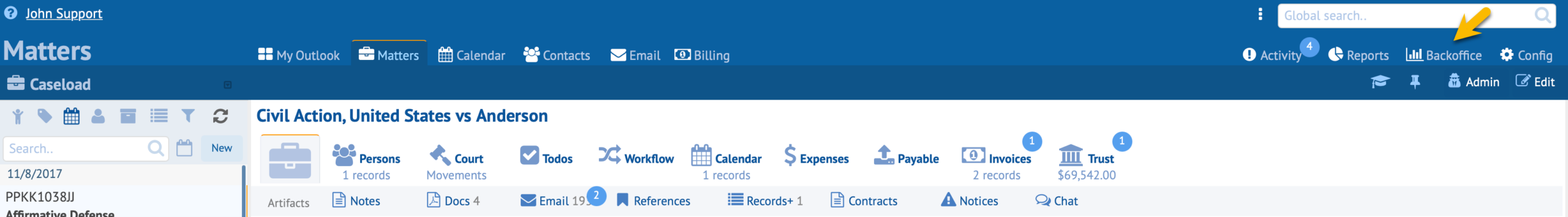 HoudiniEsq BackOffice Tab Location
