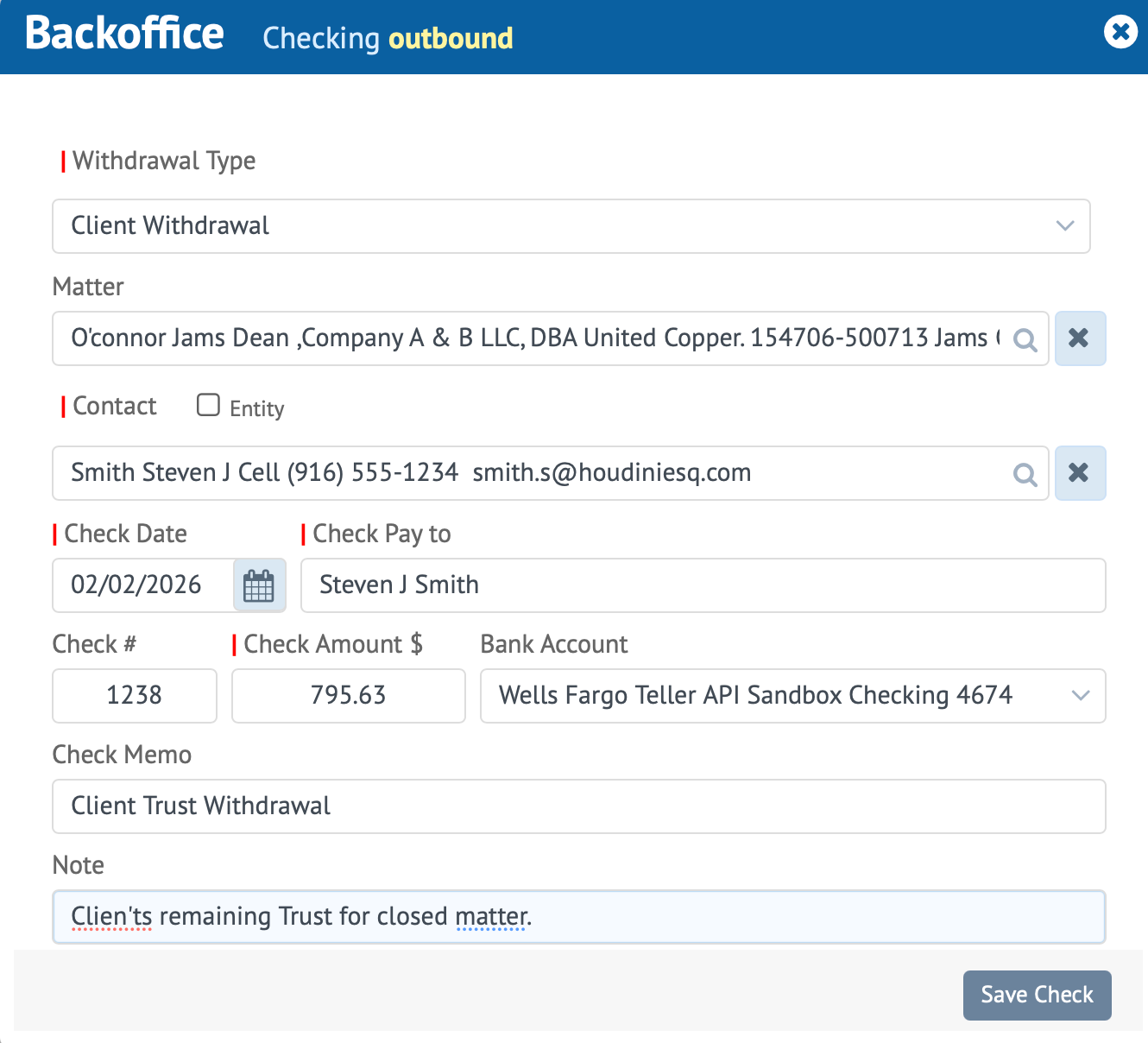 HoudiniEsq Bank Check Form